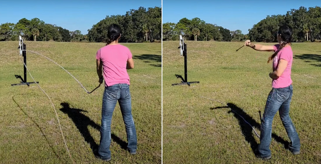 Blindfolded Woman Bullwhips Bow To Shoot Arrow At Her, Catches It