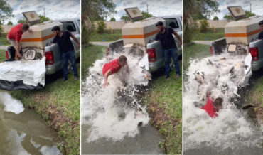 Man Stocking Pond With Fish Slips, Stocks Pond With Himself