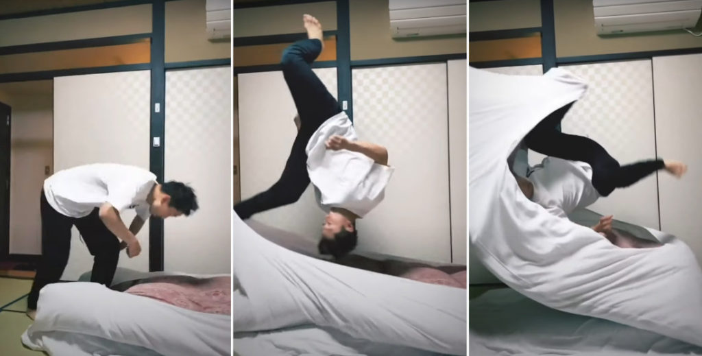 Guy Front Flips Himself Into His Bed Covers