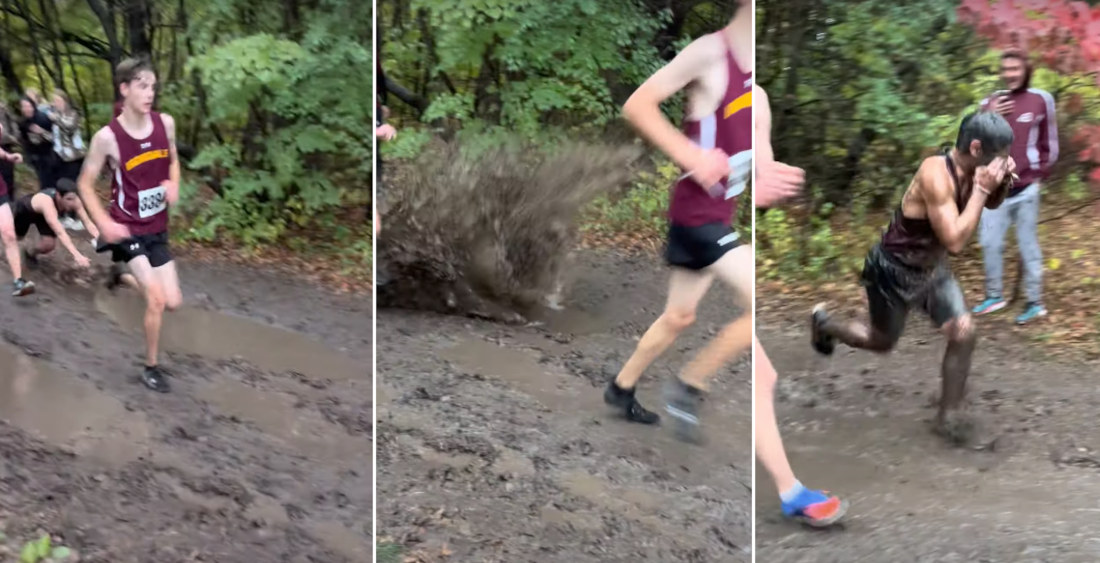 Runner Dives Headfirst Into Mud Puddle During Cross Country Race