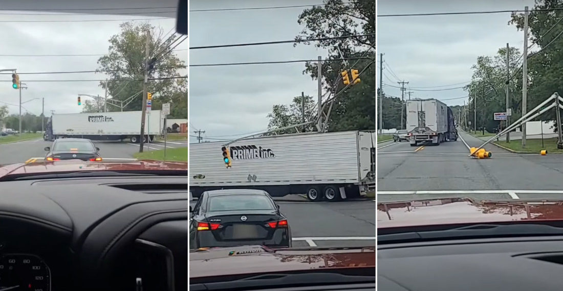 Tractor Trailer Takes Down Traffic Light Pole, Peaces Out