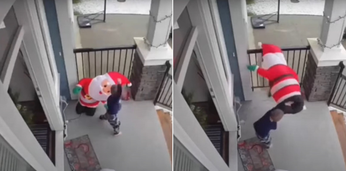 Little Kid Picks A Fight With Inflatable Santa, Throws Cartoon Style Wind-Up Punch