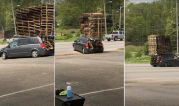 No Good Will Come Of This: Minivan Driving With 57 Wooden Pallets Stacked On Top