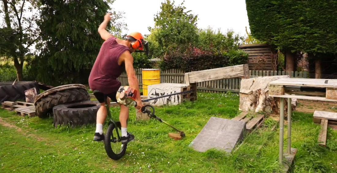 Smart Thinking: Weed Whacking While Riding A Unicycle