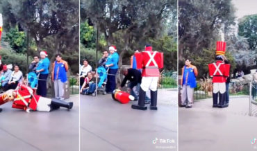 Wooden Drummer Boy Eats It Hard During Disney Parade