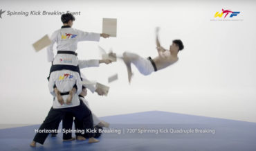 Quadruple Board Break Horizontal 720° Spin Kick