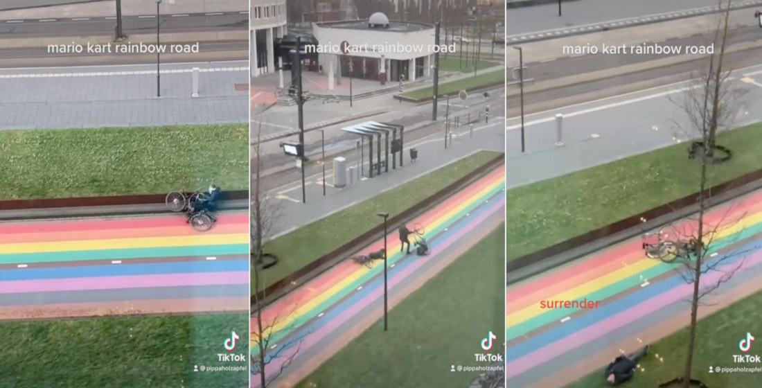 Bicyclists Attempt To Ride Rainbow Road On Hard Mode