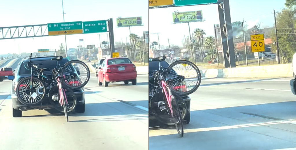 Bike Coming Loose From Bike Rack Pedals As Fast As It Can Behind Car