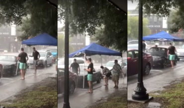 Good Samaritans Cover Convertible With Tent During Downpour