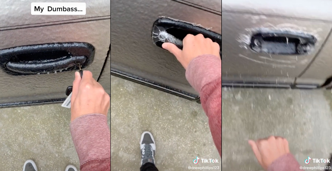 Man Attempts To Open Frozen Truck Door Handle, Tears It Off Instead
