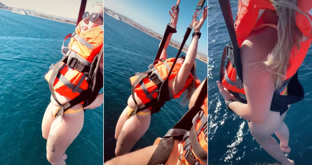 Parasailing Girl Slips Out Of Harness Seat, Is Left Hanging With Ultra-Wedgie