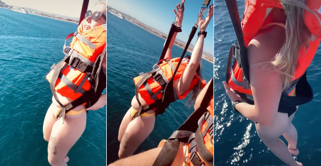 Parasailing Girl Slips Out Of Harness Seat, Is Left Hanging With Ultra-Wedgie