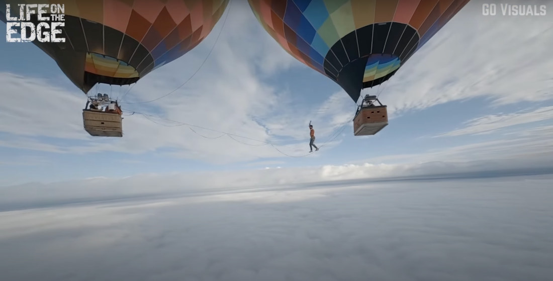 Slacklining Between Two Hot Air Balloons At 6,100 Feet