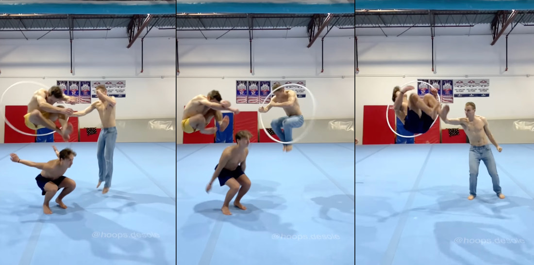 Three Dudes Jump Through Hula Hoop In A Single 360-Degree Rotation