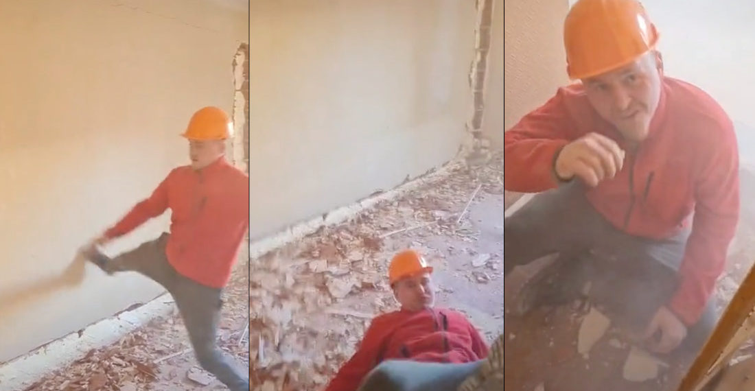 Man Kicking Down Wall Trips, Almost Gets Crushed Under It