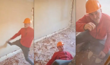 Man Kicking Down Wall Trips, Almost Gets Crushed Under It