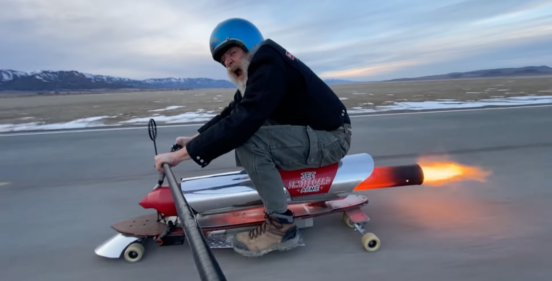 Man Takes His ACME Jet-Powered Skateboard For A Ride