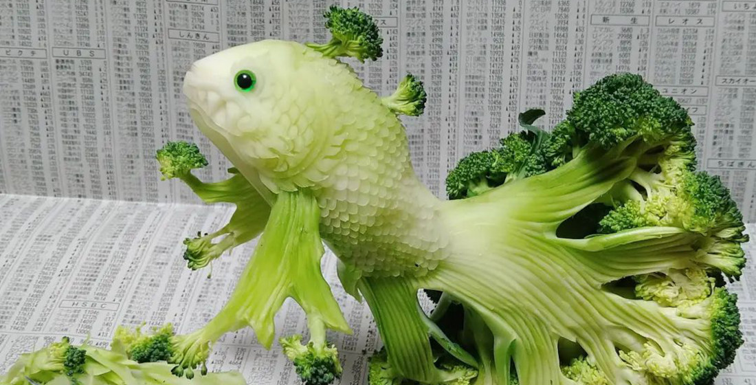 Realistic Fish Carved From Broccoli Stalk