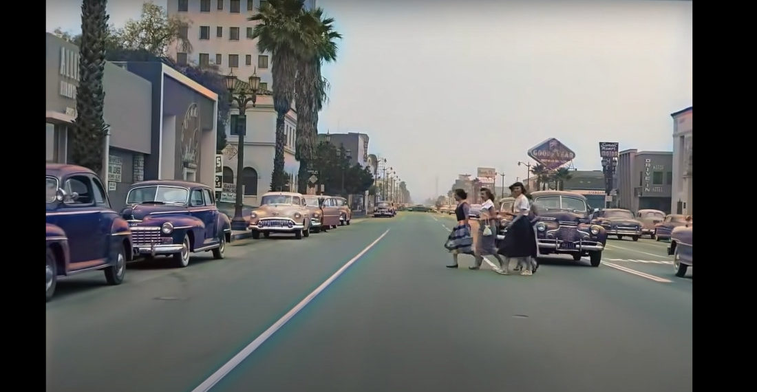 AI Enhanced, Colorized Footage Of Cruising The Sunset Strip, Circa 1952