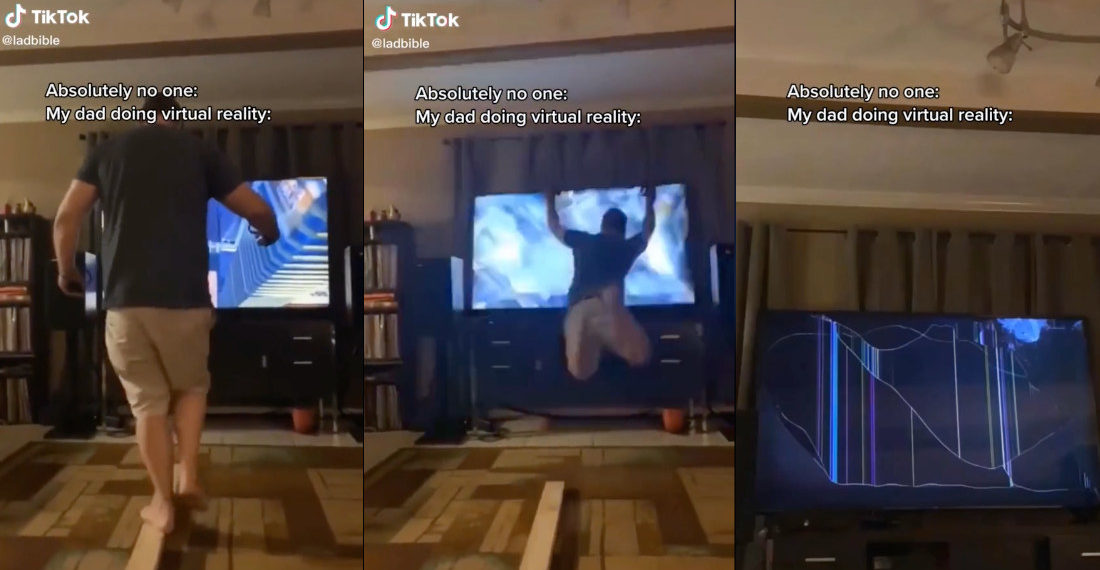 Dad On Virtual Reality Balance Beam Dives Into Flatscreen, Breaking It