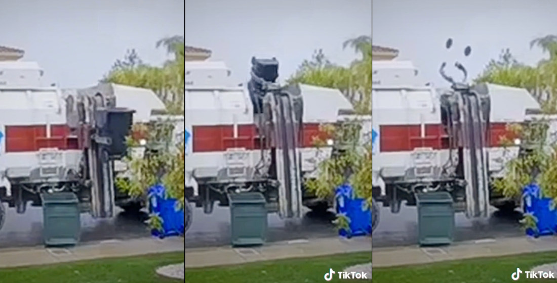 Garbage Truck Dumps Entire Trash Can Into Rear, Popping Its Wheels Off