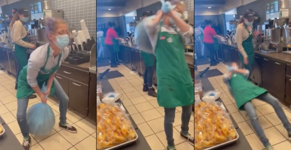 Starbucks Barista Attempts To Toss Heavy Bag Of Coffee Beans Over Shoulder