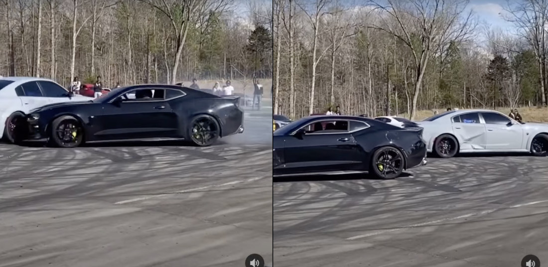 LOL: Camaro Doing Donuts Around Charger Crashes Into The Jelly Filling