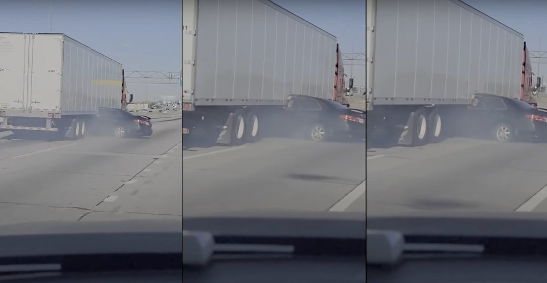 WTF!: Tractor Trailer Dragging Car Stuck Underneath With Driver Waving