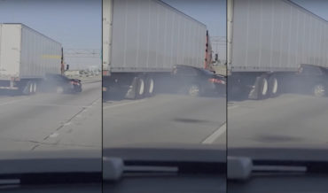 WTF!: Tractor Trailer Dragging Car Stuck Underneath With Driver Waving