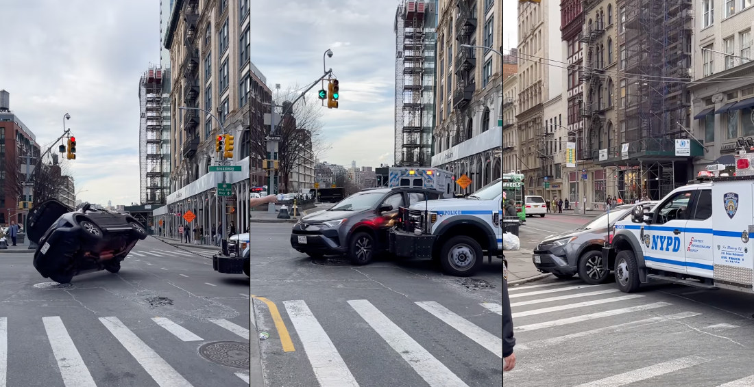 NYPD Drags/Pushes Car Out Of Intersection After Accident