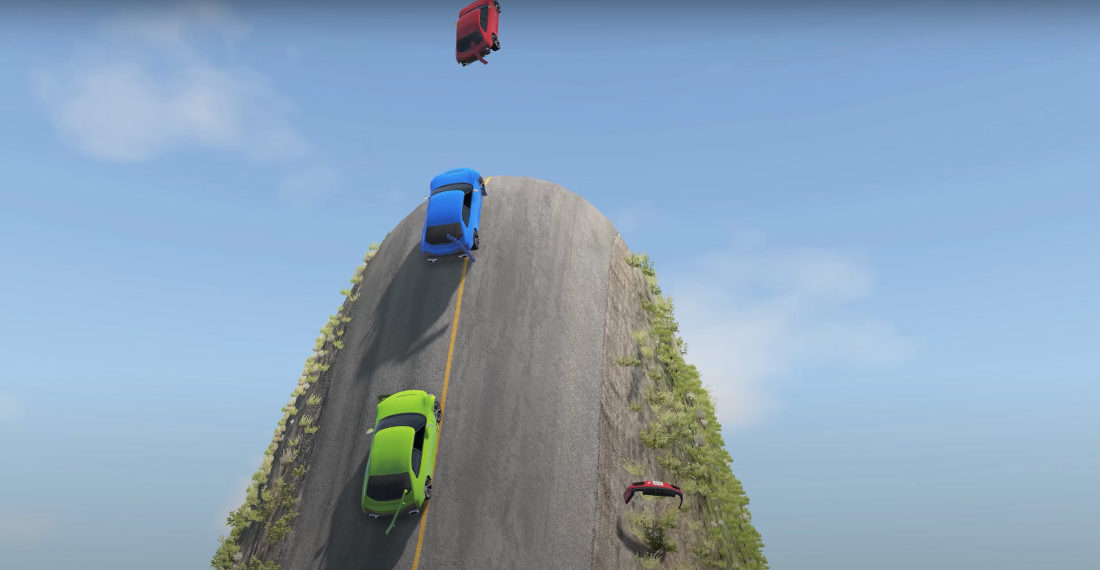 Driving Simulation Of Cars Vs Gigantic Hill In The Road