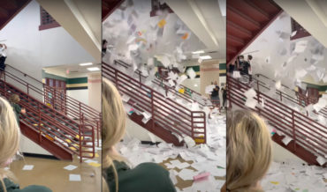 Annual High School Paper Toss Down Stairwell To Celebrate Graduation