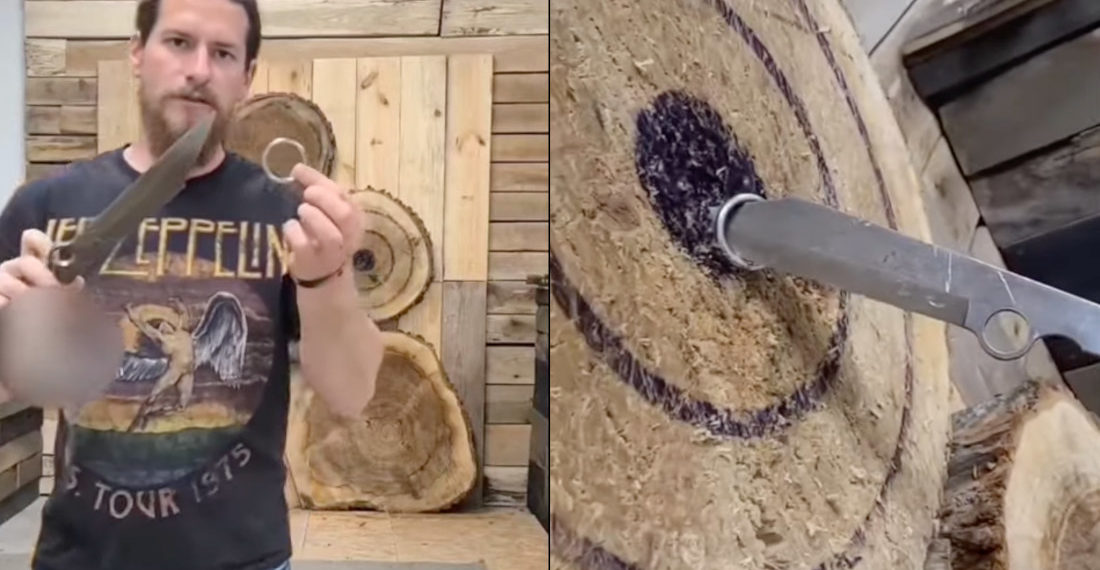 Man Throws Knife Through Tossed Metal Ring And Into Bullseye