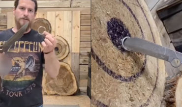 Man Throws Knife Through Tossed Metal Ring And Into Bullseye