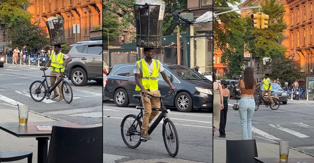 Street Performer Rides Bike While Balancing Full Trash Can On Head