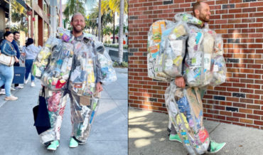 Man Makes A Suit Filled With All The Trash He Accumulated In A Month