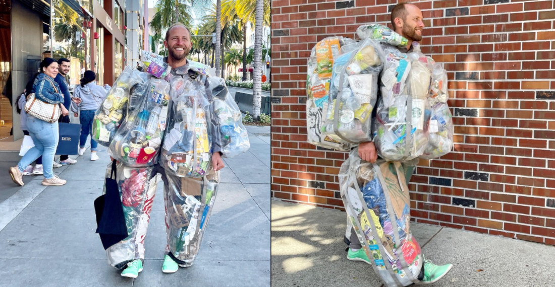Man Makes A Suit Filled With All The Trash He Accumulated In A Month