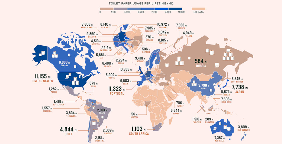 A World Map Of The Average Lifetime Toilet Paper Usage In Number Of Rolls
