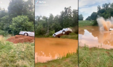 Launching A Car Off Ramp Into Giant Mud Puddle