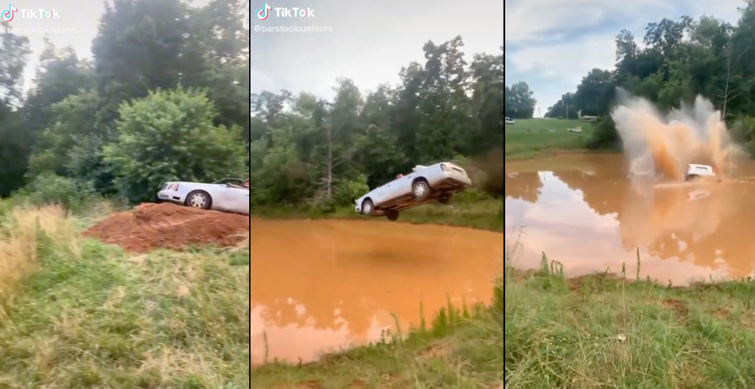 Launching A Car Off Ramp Into Giant Mud Puddle