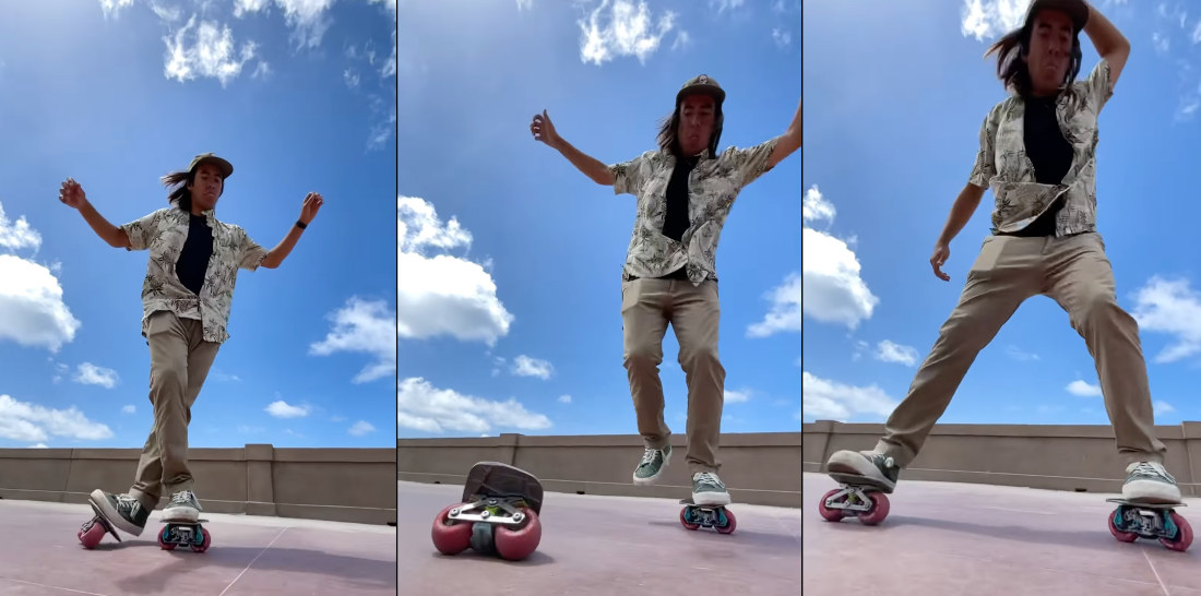 Man Performs Tricks On Freeskates, Tiny Two-Wheeled Skateboards For Each Foot