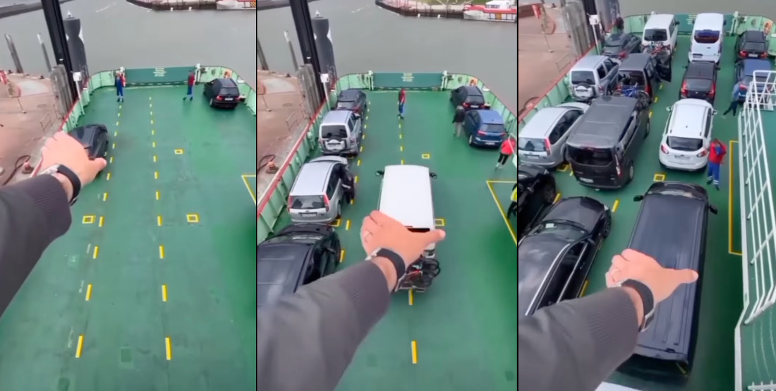 Giant Man Appears To Move Cars Onto Ferry By Hand
