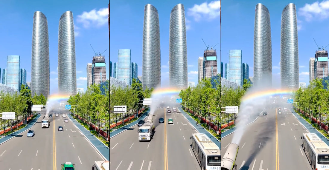 Mist Cannon Truck Drives By Creating Perfect Rainbow