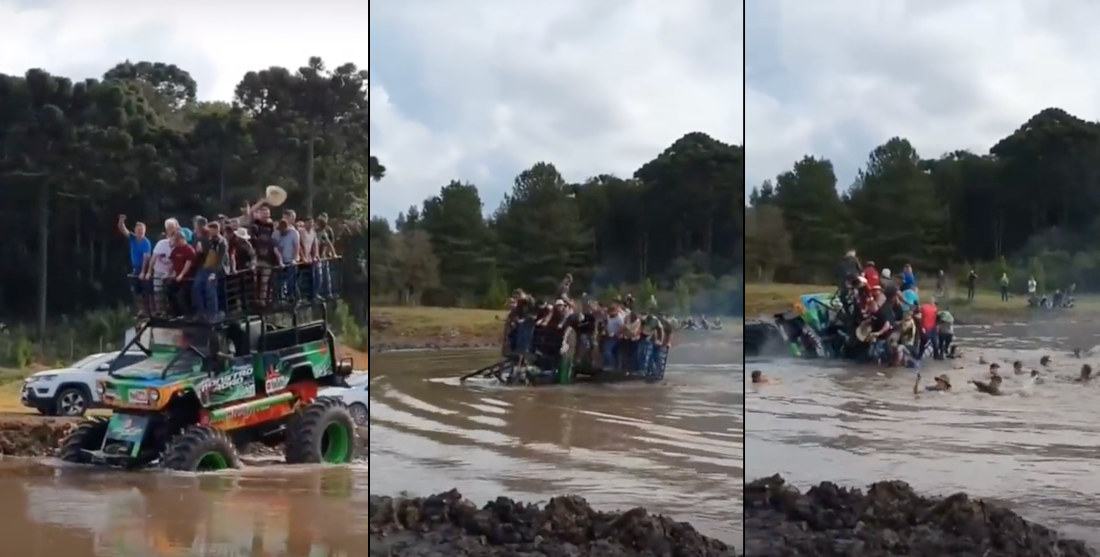 Swamp Buggy With Full Load Of Dudes On Top Sinks In Mud Hole
