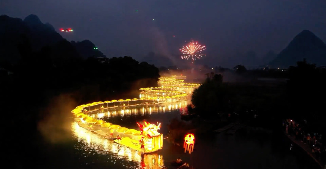 Beautiful Footage Of Chinese Dragon Boat Illuminated At Night