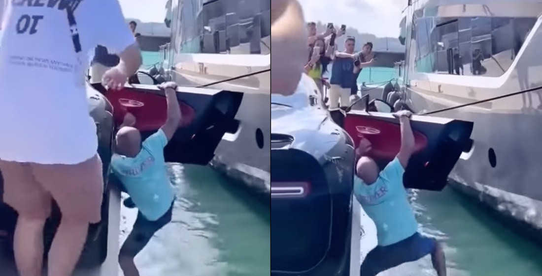 Dude Dangling From Door Of $3M Bugatti On Boat