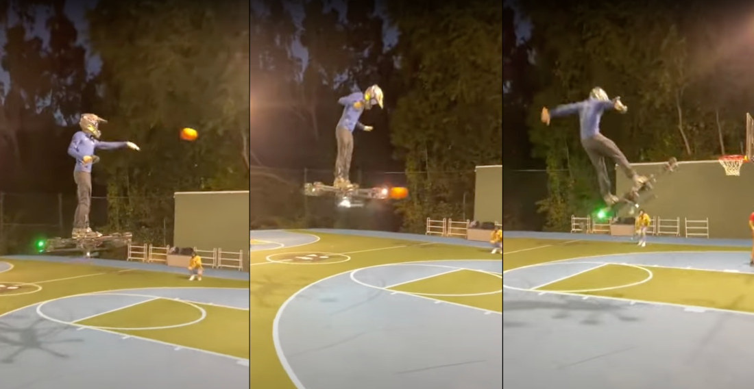 Man Standing On Flying Drone Gets Hit By Basketball, Loses Balance, Crashes