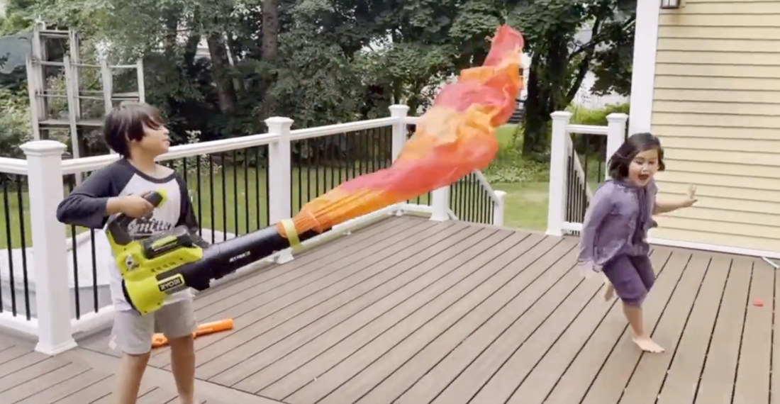 Kid-Friendly Flamethrower Made From Leaf Blower, Colored Fabric