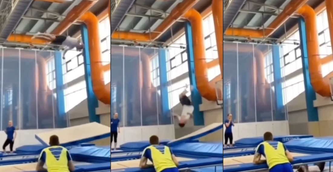 Fast-Acting Spotter Perfectly Slides Mat Under Falling Gymnast