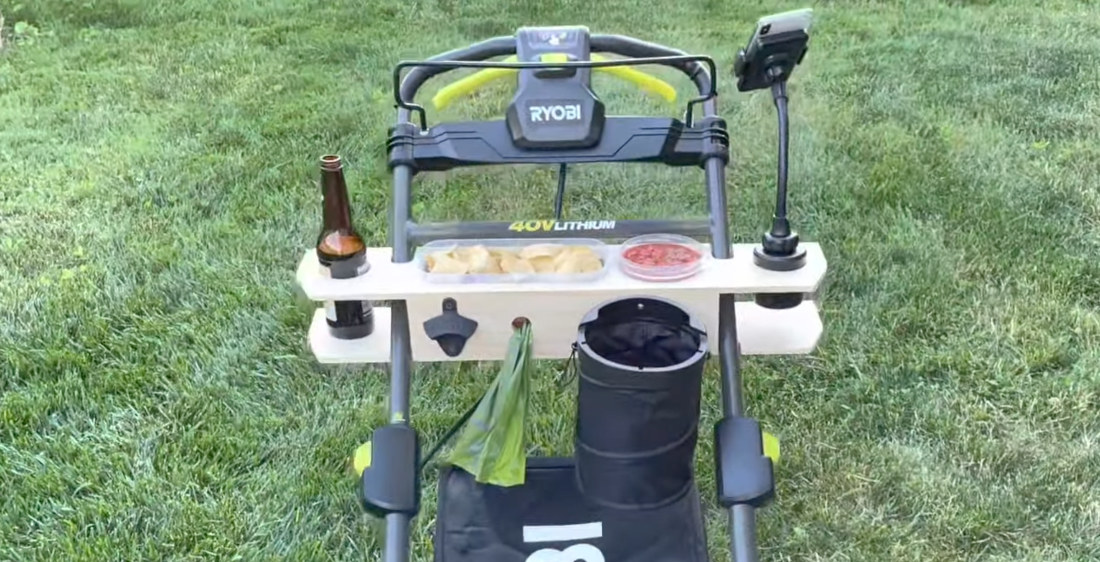 Custom Push Lawnmower Upgrade Features Beer, Phone, Chips & Salsa Holders